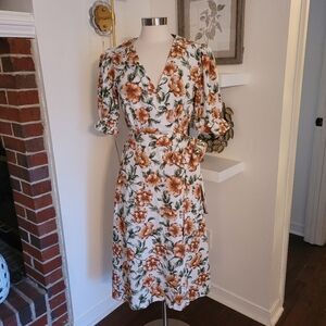 Happy Nature Floral Wrap Dress Size Medium Orange Ivory Green